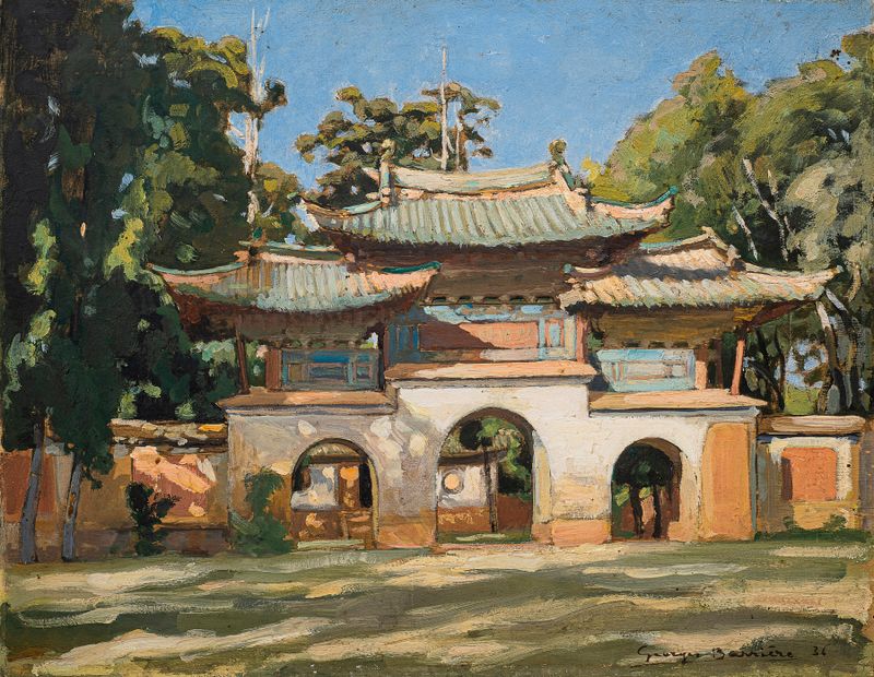 Porte de la pagode des supplices by Georges Barrière, depicting a pagoda with intricate shadows, oil painting