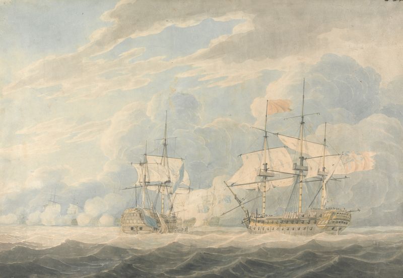Historical naval battle scene, oil on canvas by Robert Cleveley