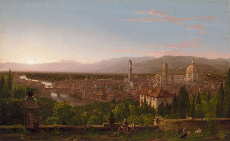 Vista de Florencia de Thomas Cole, óleo sobre lienzo, que representa colinas y arquitectura de la ciudad