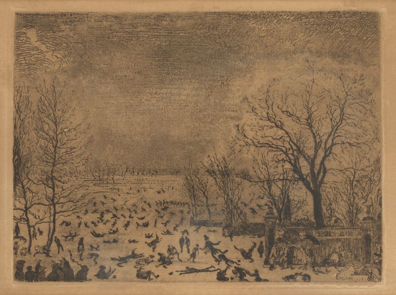 De schaatsenrijders de James Ensor, pintura al óleo de patinadores alegres en paisaje invernal