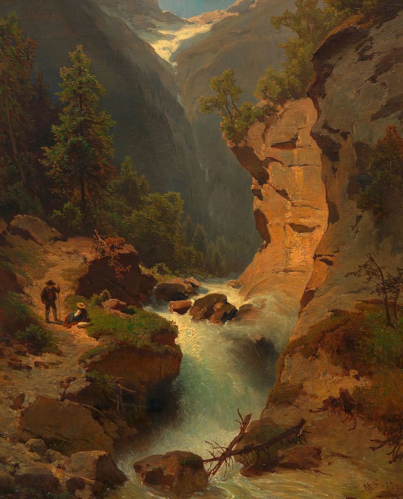 Wasserfall de Melchior Fritsch, óleo sobre lienzo que representa una cascada con reflejos de luz.