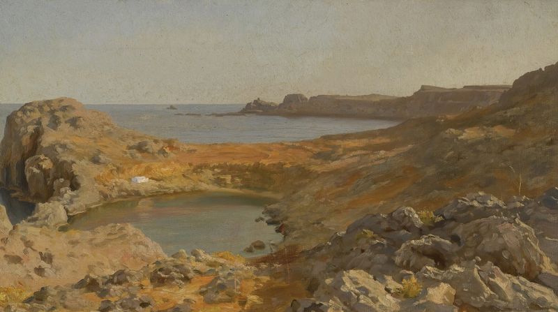 St Paul’s Bay At Lindos, Rhodes by Frederic Leighton, oil painting depicting vibrant sea and sky.