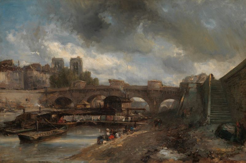 A Ponte Nova, óleo sobre tela de Johan Barthold Jongkind, mostra uma ponte sobre água ao crepúsculo.
