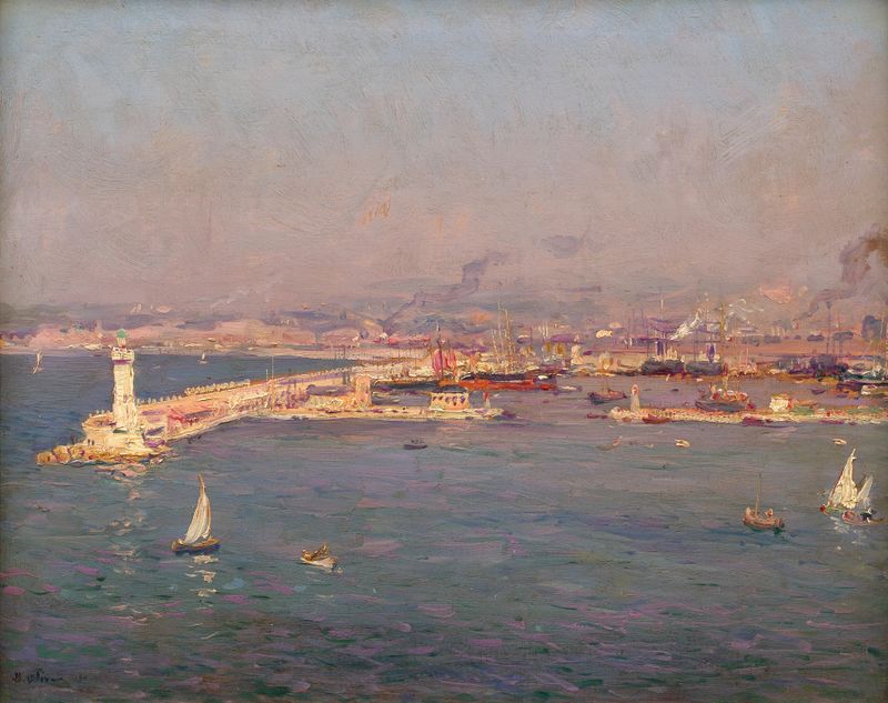 Oil painting by Jean-Baptiste Olive depicting a bustling port with boats and reflections on the sea.