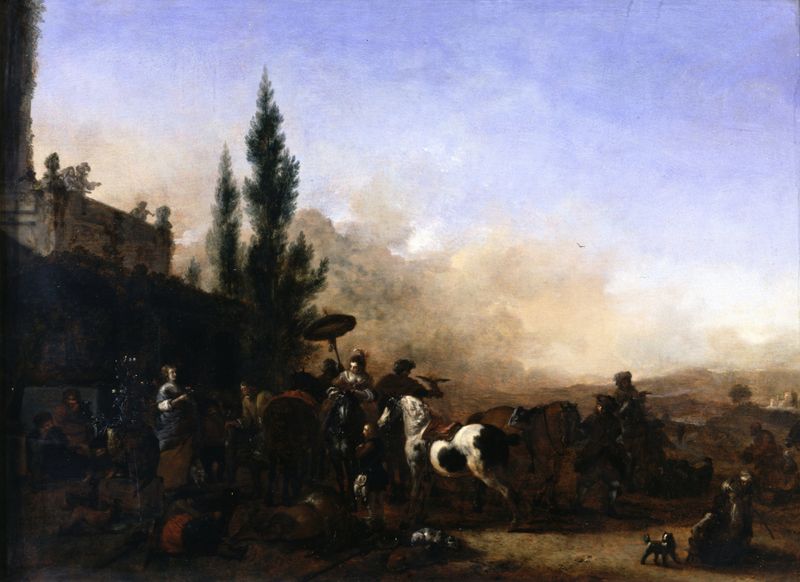 Cena de gênero com cavaleiros e cães em uma paisagem de Philips Wouwerman, pintura a óleo