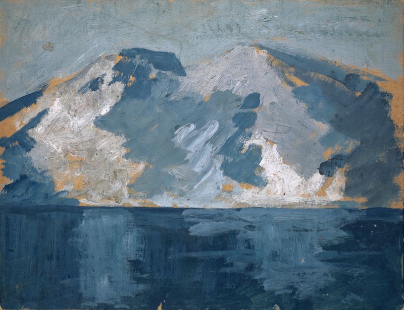 Cena marinha com ondas quebrando e uma costa acidentada de Ernst Schiess, pintura a óleo