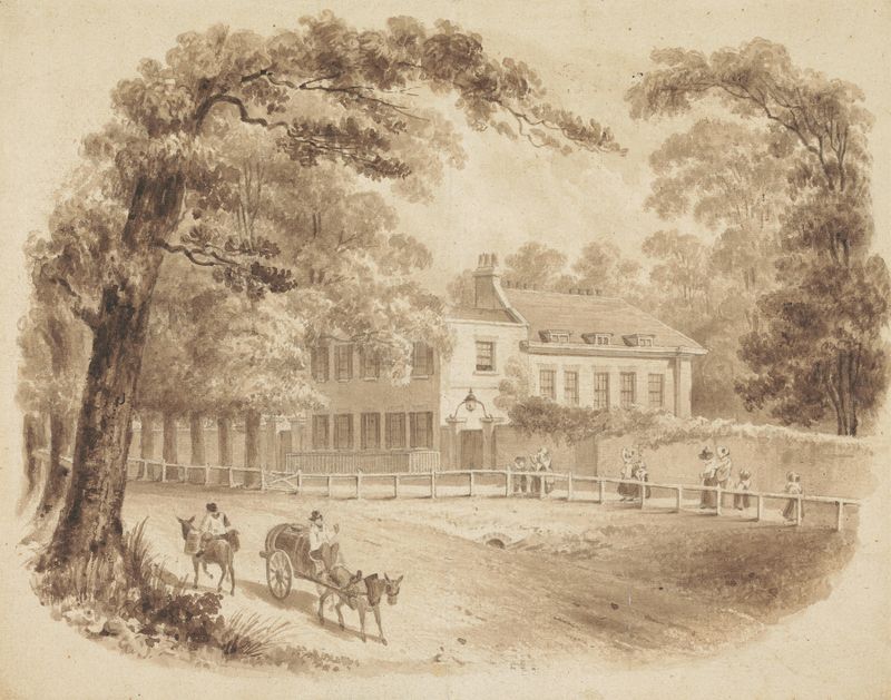 A Residência de George Stevens, F.R.S. de John Thomas Smith, óleo que retrata uma residência ao pôr do sol