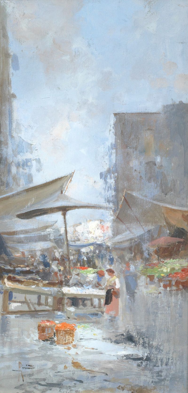 Genre scene of a street market in Naples, oil on canvas by Oscar Ricciardi