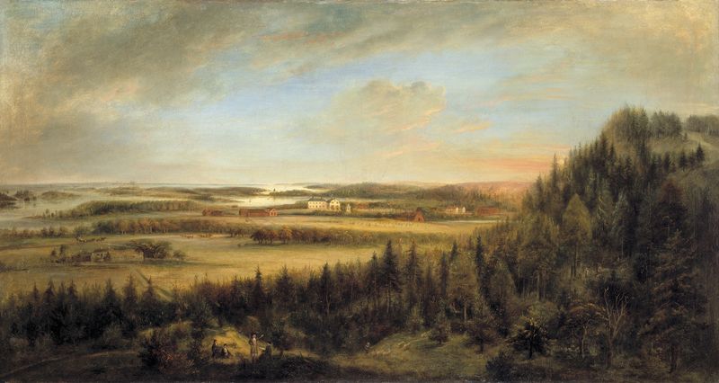 Landscape with a tranquil lake at twilight by Elias Martin, oil painting
