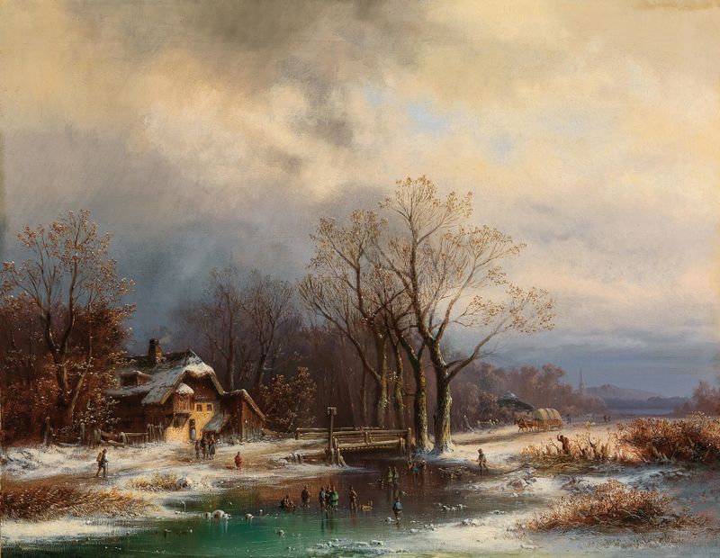 A Vast Winter Landscape de Anton Doll, óleo sobre tela retratando colinas cobertas de neve e um céu de inverno.