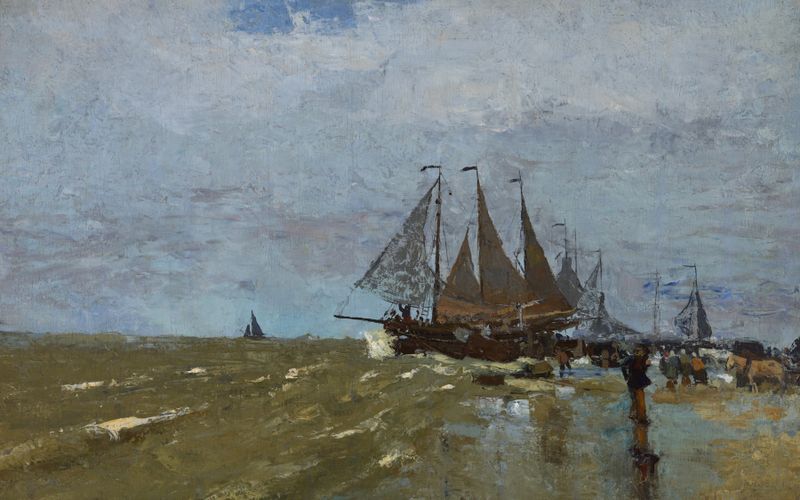 Bomschuit op het strand te Katwijk, oil on canvas by Jan Toorop, depicting waves and a sandy beach.