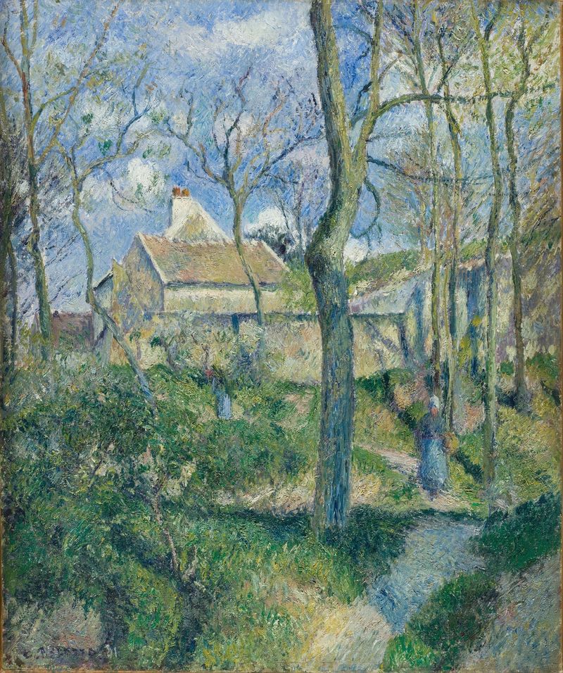 Óleo sobre lienzo de Camille Pissarro que muestra un camino serpenteante en un paisaje tranquilo.