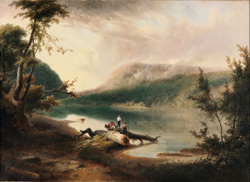 Delaware Water Gap by Thomas Doughty, oil painting of a river winding through a lush valley.
