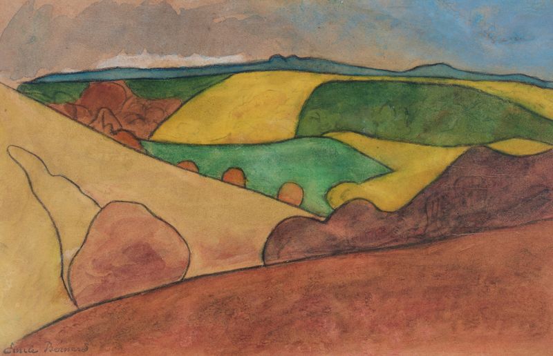 Paysage de Bretagne by Emile Bernard, oil painting of a serene landscape with muted colors.