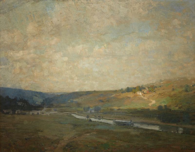 Delaware Canal oil painting by William Langson Lathrop depicting water and trees.