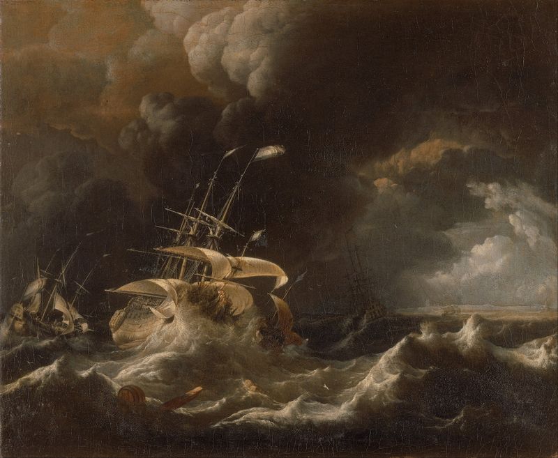 Pintura a óleo de Ludolf Backhuysen retratando navios em um mar tempestuoso