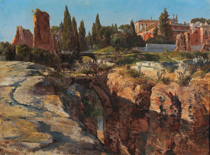 Paisaje óleo de Edward Theodore Compton con ocres y grises apagados.