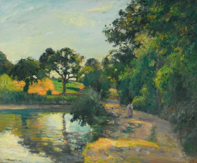 L’étang Au Soleil Couchant de Camille Pissarro, pintura al óleo de un atardecer reflejado en el agua