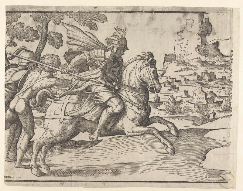 Figurative work depicting a horseman in armor, created by Jan van Scorel, paper medium.