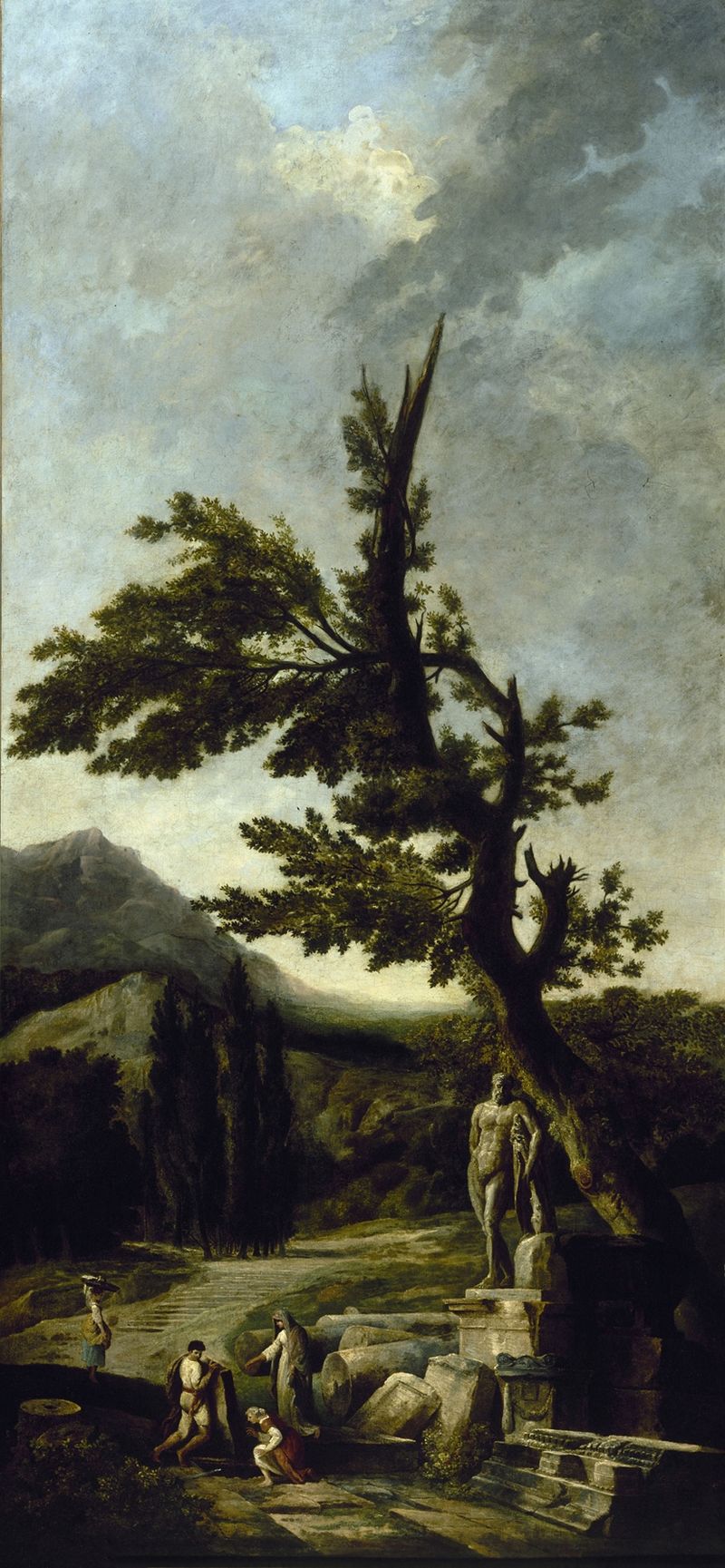 Hercule Farnèse de Hubert Robert, óleo sobre lienzo, representando una figura muscular entre ruinas antiguas.