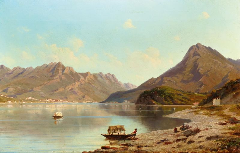 Lake Como oil painting by Silvio Poma depicting tranquil waters and soft hills