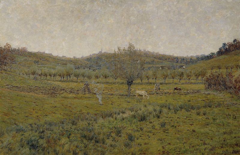 Landscape oil painting by Ludwig Sigmundt depicting vibrant greens and browns.