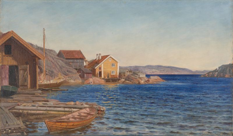 óleo de Amaldus Nielsen que muestra un barco en aguas tranquilas con luz de la mañana