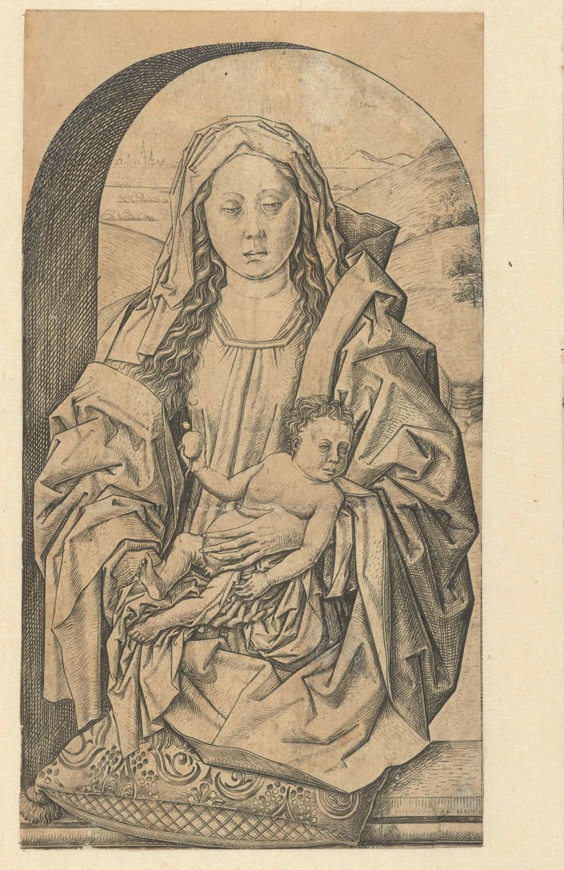 Madonna holding child with a pear, engraving by Meester FVB