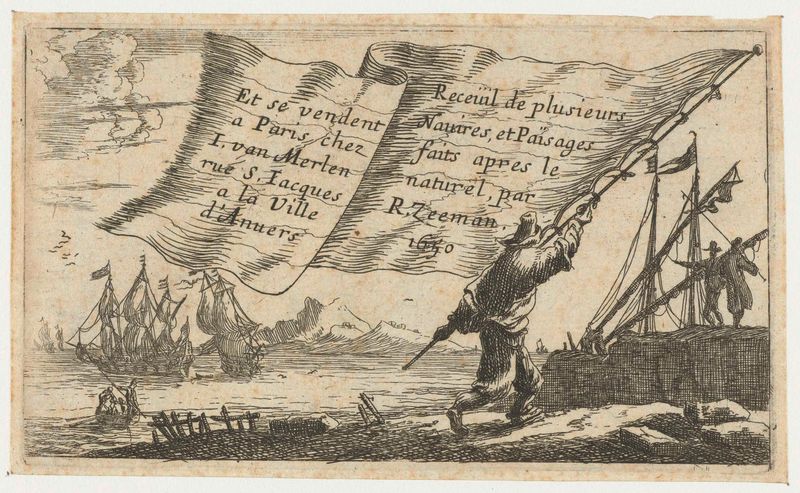 Marinero sosteniendo un gran estandarte, grabado de Reinier Nooms