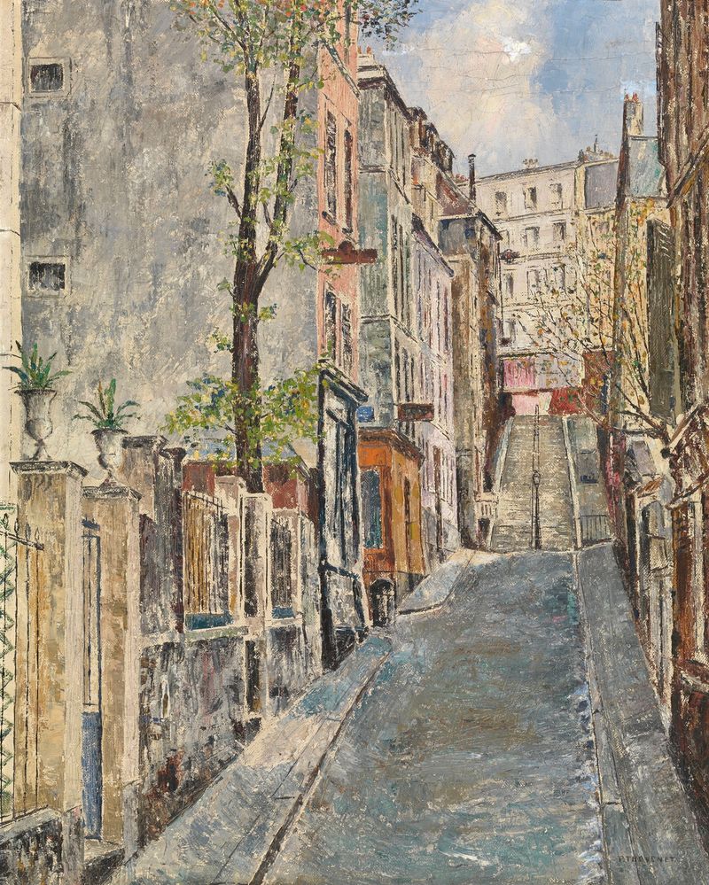 Paisaje de Montmartre de Pierre Thevenet, óleo sobre lienzo, con colores vibrantes y atardecer.