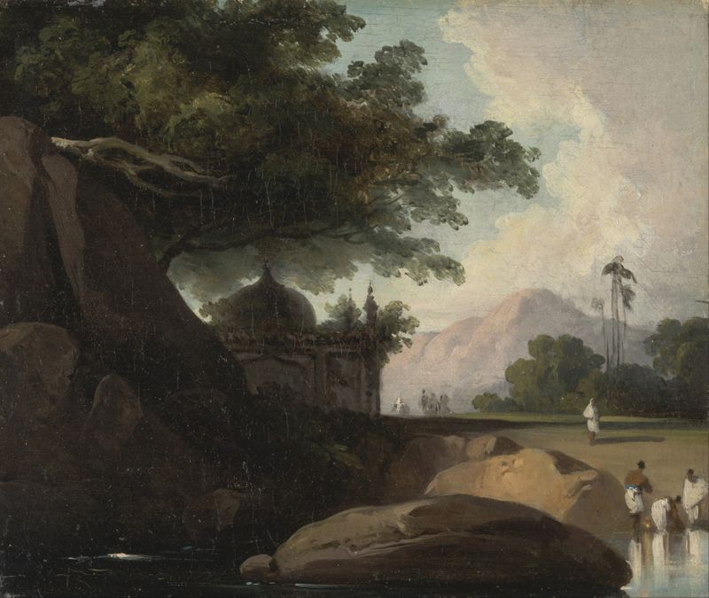 Indian landscape with temple, oil on canvas by George Chinnery