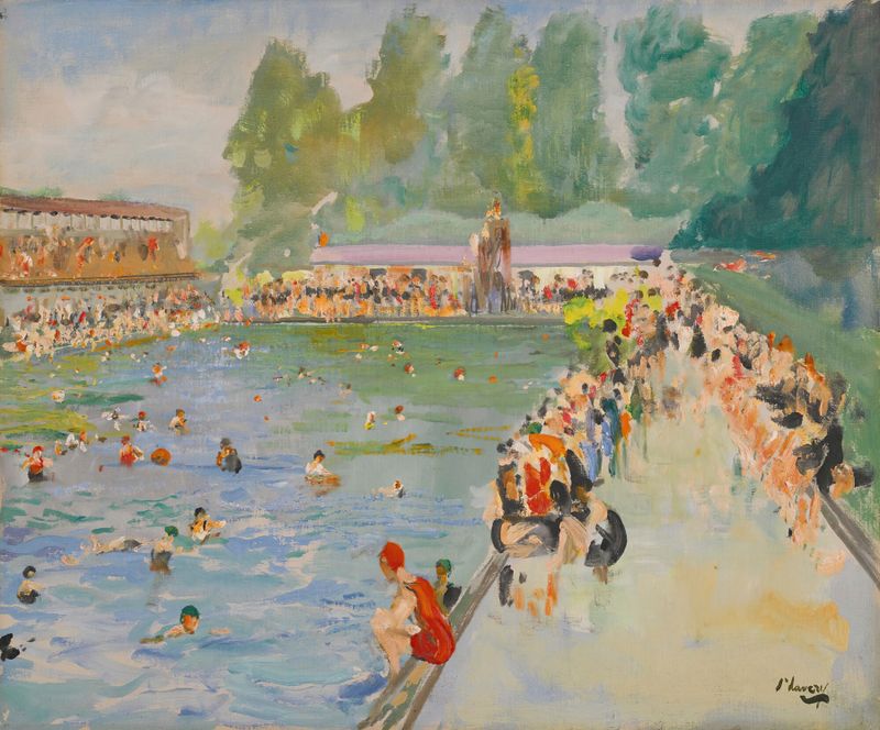 Chiswick Baths by Sir John Lavery, oil painting depicting bathers and sunlight reflections