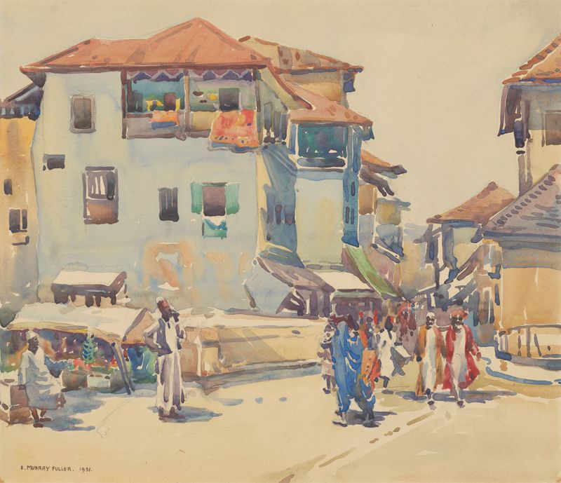 Cena de gênero do mercado de Malindi, Zanzibar, de Edwin Murray Fuller, expressionismo