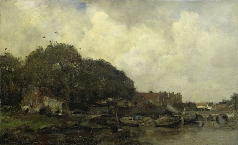 Havengezicht by Jacob Maris, oil painting depicting a twilight landscape with water and shoreline.