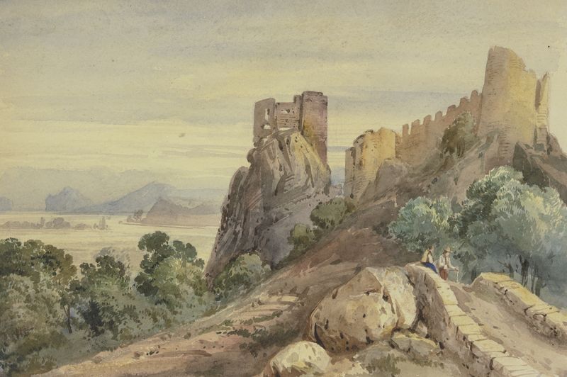 Burgruine, vorn auf einer Brücke zwei Männer de Jean-Joseph-Bonaventure Laurens, óleo sobre tela
