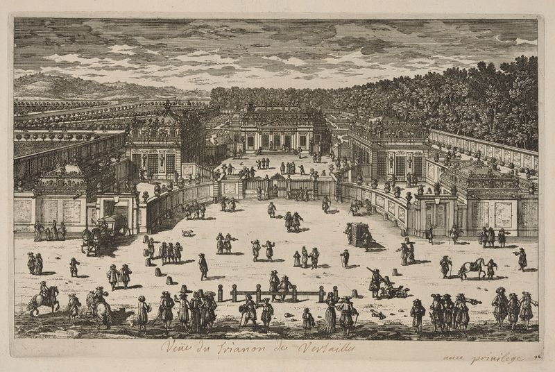Grabado de Gabriel Pérelle que representa el Trianon en Versalles rodeado de exuberante vegetación.