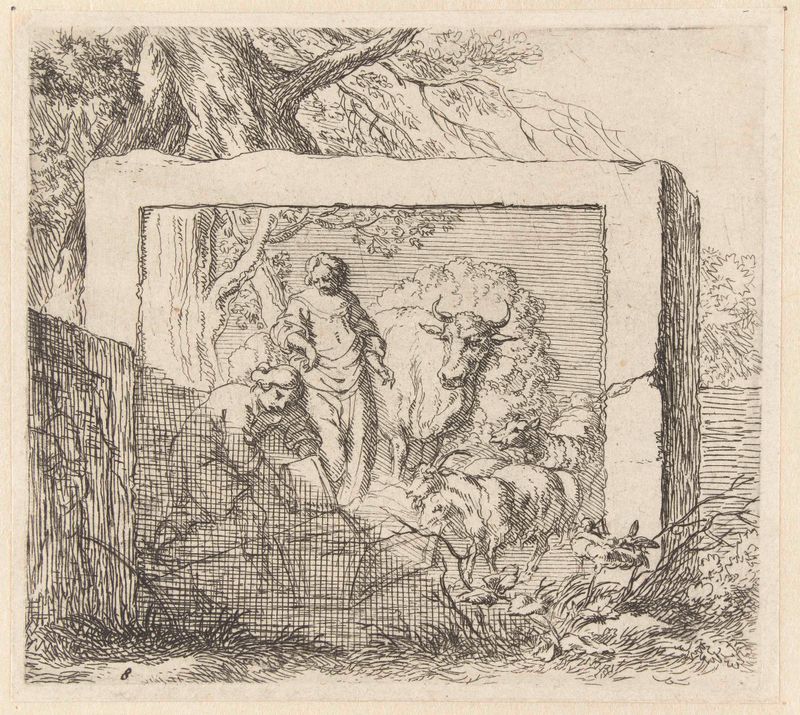 Gravura de Nicolaes Pietersz Berchem mostrando um pastor despejando água em um bebedouro