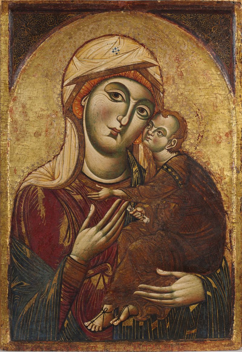 Tempera sobre painel de Mestre dos Santos Cosmas e Damião retratando a Virgem e o Menino em um momento terno.