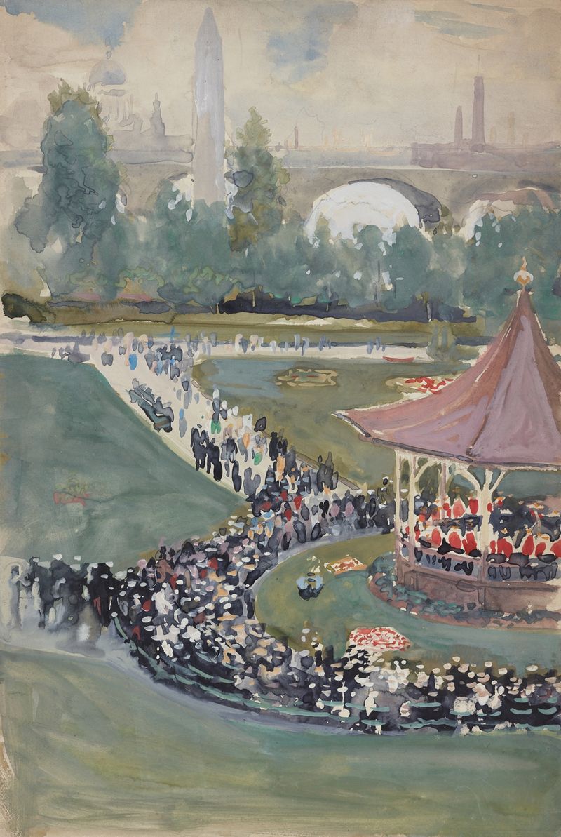 Concierto de banda de Joseph Pennell, que muestra músicos y una multitud, pintura al óleo.