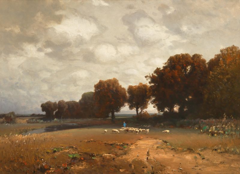 A Vast Landscape with Sheep, oil on canvas by Ludwig Willroider showing rolling hills and sheep.