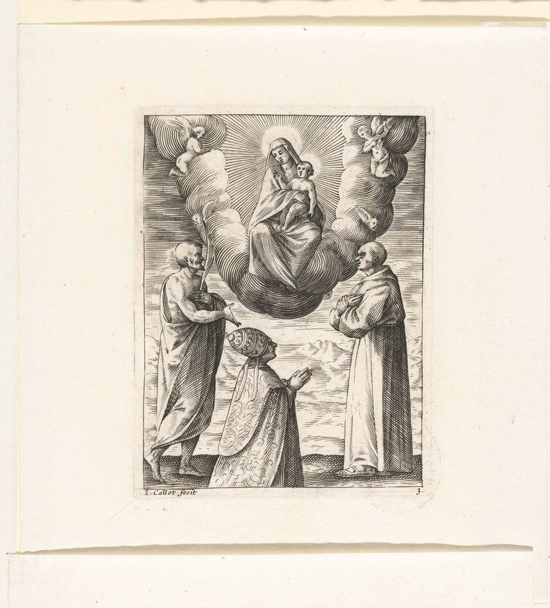 Grabado de Jacques Callot que representa a la Madonna con figuras en reverencia.