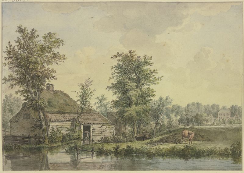 Paisagem com uma casa de campo e uma vaca, pintura a óleo de Jacob van Liender