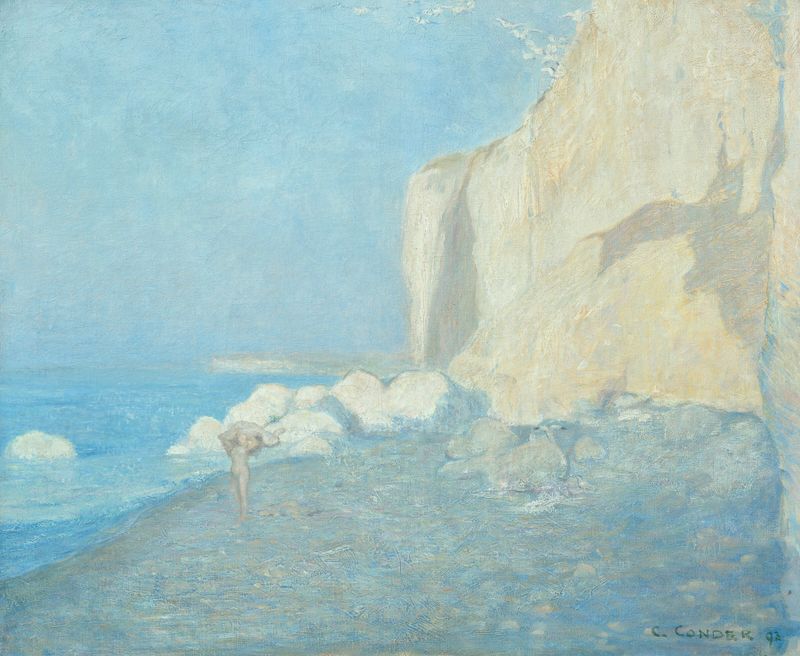 Marine Mer, bleue et falaise by Charles Conder, oil painting depicting waves crashing against cliffs