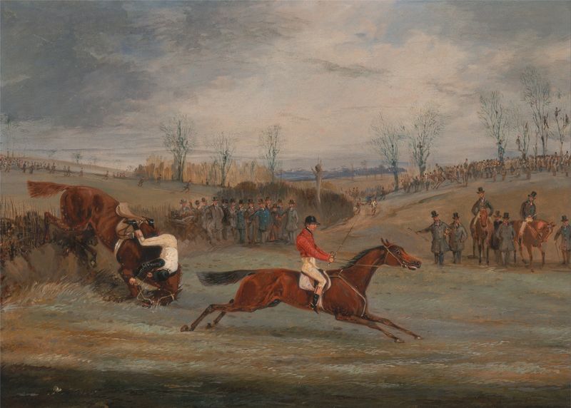Oil painting by Henry Thomas Alken depicting horses racing in a steeplechase with a cheering crowd.