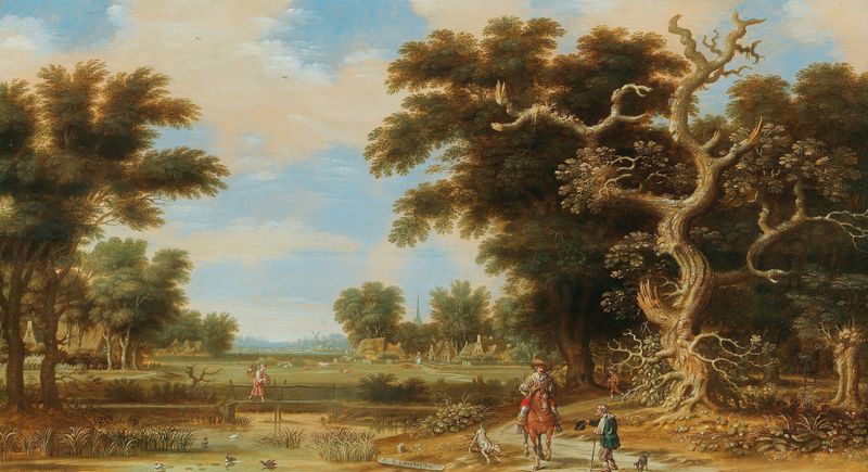 Paisaje fluvial boscoso con un jinete y vagabundos, óleo sobre lienzo de Raphael Govertsz. Camphuysen