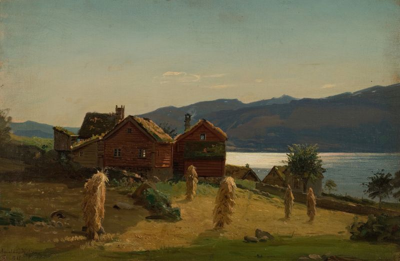 Paisagem com montanhas enevoadas e árvores de Amaldus Nielsen, óleo sobre tela