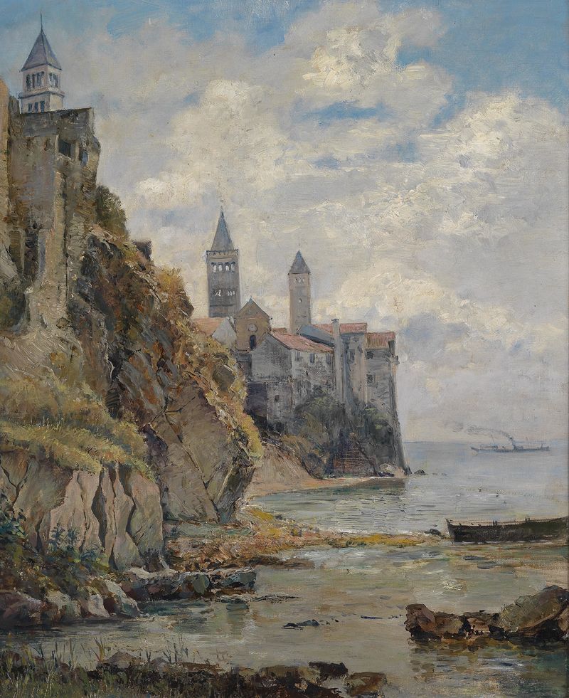 Escena marina de una costa isleña con agua, pintura al óleo de Marie Egner