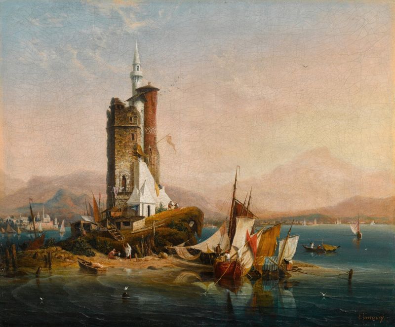 Escena marina de Muscat, Omán por Ambroise-Louis Garneray, óleo sobre lienzo
