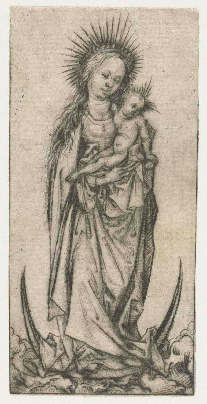 Madonna op de maansikkel, ponta seca de Meester van het Amsterdamse Kabinet, apresentando uma figura serena em uma lua cre...