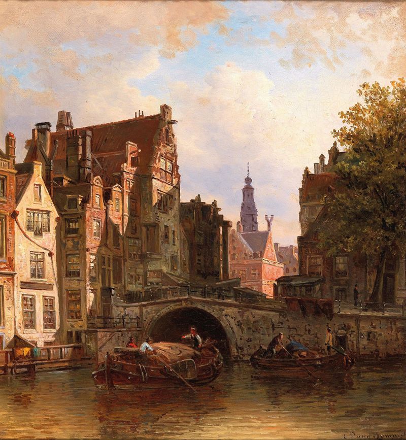 Canal scene with old buildings and reflections, oil painting by Elias Pieter van Bommel